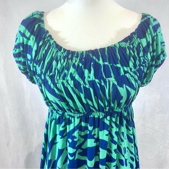 Glamour royal blue and jade green abstract print empire waist midi dress size 12 - Picture 2 of 4